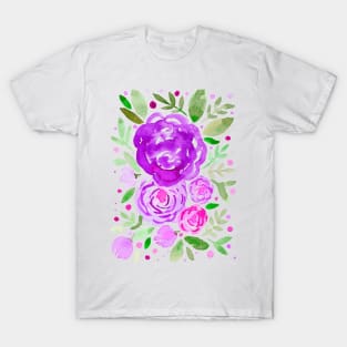 Watercolor roses bouquet - ultra violet and green T-Shirt